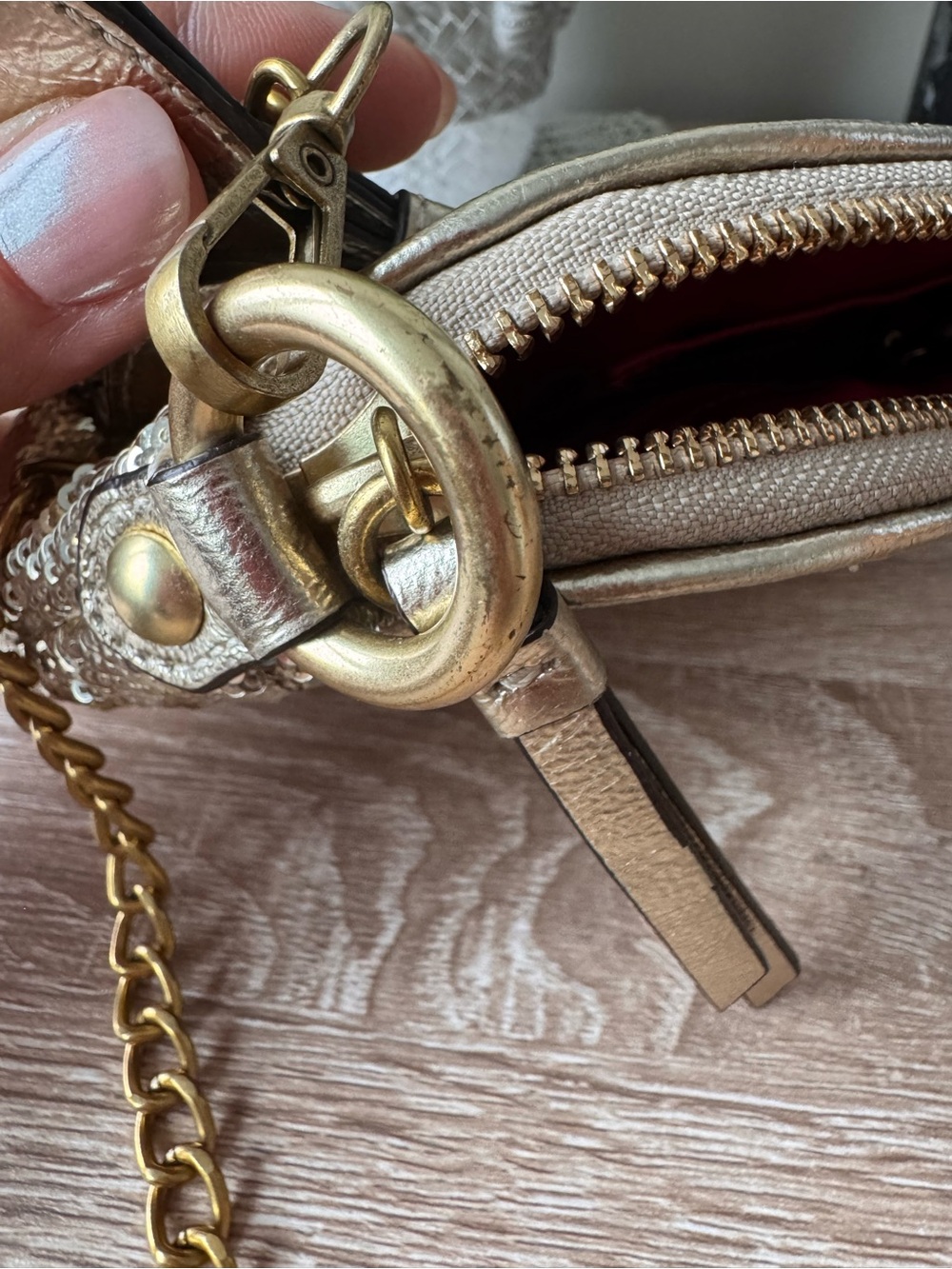 Coach Gold Sequin Wristlet with Decorative Bow and Chain - Picture 7 of 8